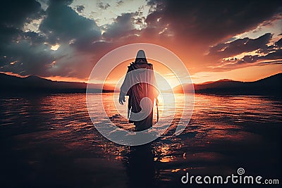 Jesus walks on water against the backdrop of a beautiful sunset.generative ai Stock Photo