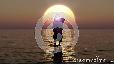 Jesus walks on water, Miracles of Jesus Christ,The prophet of God, The coming of Jesus from heaven in the apocalypse evening, 3D Stock Photo