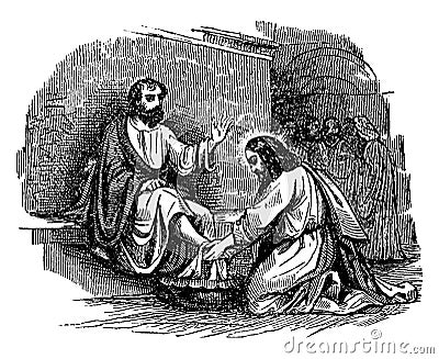 Jesus Washes the Feet of the Simon Peter at the Last Supper vintage illustration Vector Illustration