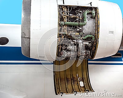 Jet aircraft turbine with an open lid removed Stock Photo