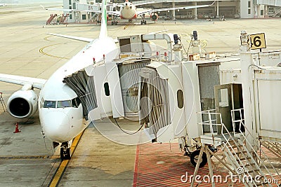 Jet bridge at terminal gate. Stock Photo