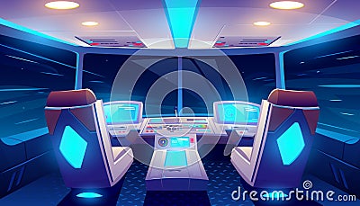 Jet cockpit at night empty airplane cabin interior Vector Illustration