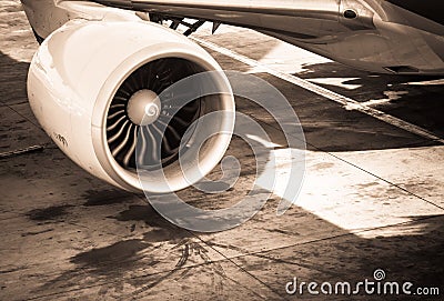 Jet engine of Air plane in sepia style Stock Photo