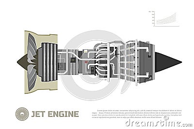 Jet engine of aircraft. Part of the airplane. Side view. Aerospase industrial drawing Vector Illustration