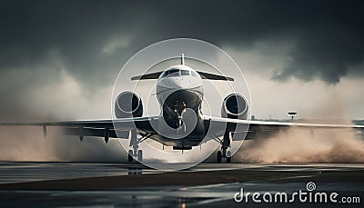 Jet engine propels commercial airplane through dark sky at airshow generated by AI Stock Photo