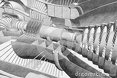 Jet engine section drawing Cartoon Illustration