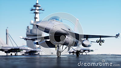 Jet f16, fighter on aircraft carrier in sea, ocean . War and weapon concept. 3d rendering. Stock Photo