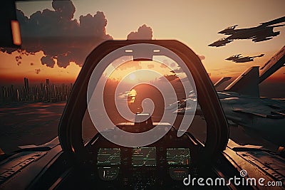 Jet fighter cockpit at sunset. Military aviation. Created with Generative AI Stock Photo