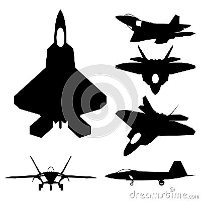 Jet Fighter F-22 Raptor aircraft icon. Airplane Silhouette Icon Set Black Color Vector Illustration