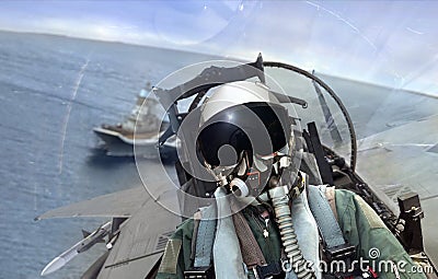 Jet fighter leaving aircraft carrier ship Stock Photo