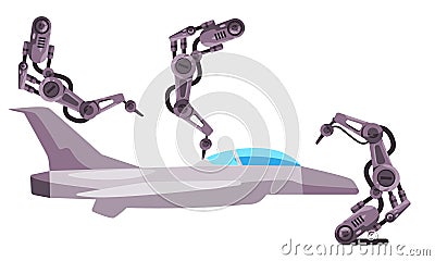 Jet fighter military plane mechanical arm robotic line production manufacturing process automation Vector Illustration