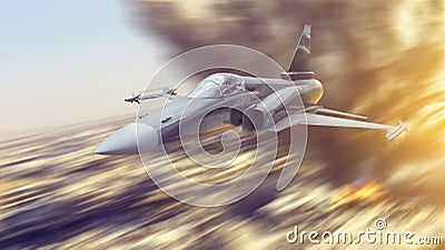 Jet fighter war airplane armed with missiles flying low over the city ground on a mission to attack. Explosion in the background Stock Photo
