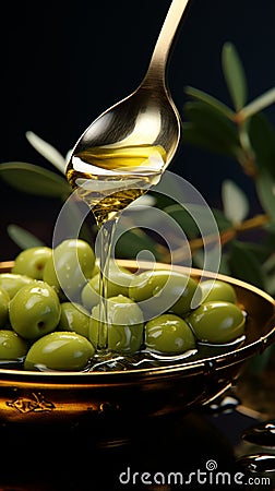 A jet of olive oil amidst an elegant olive branch and a spoon Stock Photo