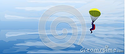 Jet pilot catapultation from flight down on parachute arround clouds and sky background. Vector Illustration