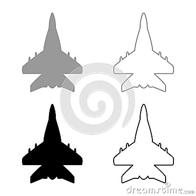 Jet plane fighter reactive pursuit military set icon grey black color vector illustration image solid fill outline contour line Vector Illustration