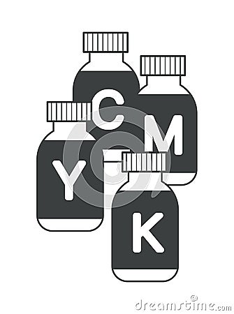 Jet printer ink, CMYK cartridges, printing materials in bottles Vector Illustration