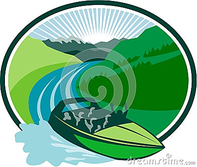 Jetboat River Canyon Mountain Oval Retro Vector Illustration