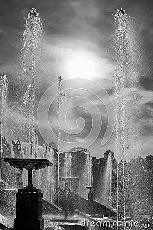 Jets of water from the fountain bowls of great cascade in Peterhof, Russia Editorial Stock Photo