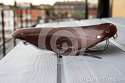 Jette, Brussels, Belgium, Brown leather B17 Brooks bike saddle Editorial Stock Photo