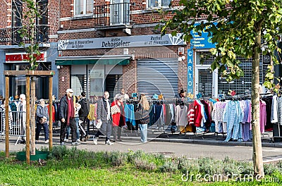 Jette, Brussels Capital Region, Belgium - Fashion stalls at the weekly market Editorial Stock Photo