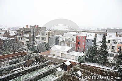 Jette, Brussels Capital Region, Belgium - Urban backyards covered with snow Editorial Stock Photo