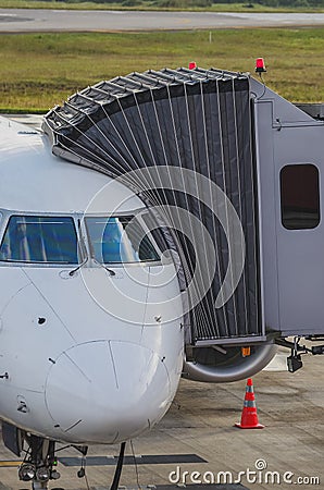 Jetway connected to the airplane Stock Photo