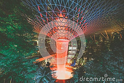 Jewel Changi Airport, Singapore - July 30th 2019 : Jewel Changi Airport Rain Vortex. The largest indoor waterfall in the world . V Editorial Stock Photo