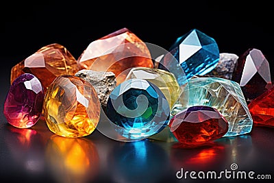 Jewel or gems on black shine color, Collection of many different natural gemstones amethyst, lapis lazuli, rose quartz Stock Photo