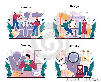 Jeweler concept set. Goldsmith examining and faceting diamond Vector Illustration