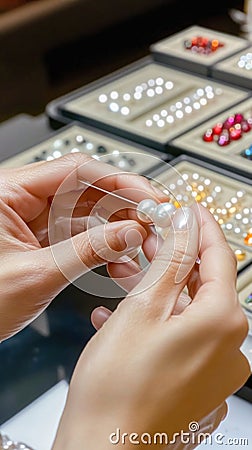 Jeweler carefully examining quality of pearls in jewelry store Stock Photo