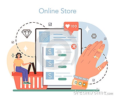 Jeweler online service or platform. Goldsmith examining and faceting diamond Vector Illustration