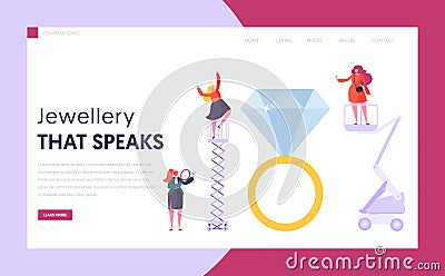 Jeweler Seller Hold Diamond Landing Page. Female Character Buy Ring at Gemstone Shop. Jewelry Industry Concept Website Vector Illustration