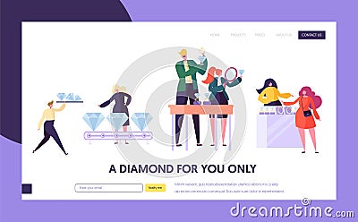 Jeweler Seller Hold Gem Landing Page. Woman Character Choose Luxury Diamond Ring at Store. Jewelry Industry Concept Website Vector Illustration