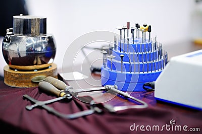 Jeweler tools on table Stock Photo