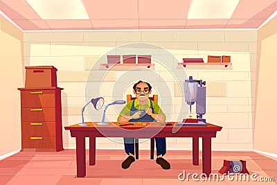 Jeweler working in workshop, goldsmith workplace Vector Illustration