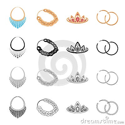 Jewelery necklace, gold chain, precious diadem, earrings. Jewelry and Accessories set collection icons in cartoon black Vector Illustration