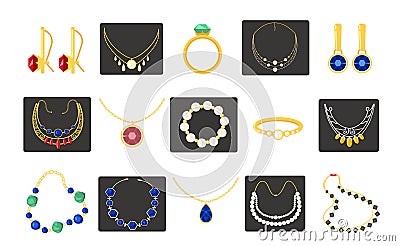 Jewellery accessories. Woman fashion gold silver necklace bracelet ring with luxury gemstone, expensive glamour Vector Illustration