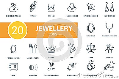 Jewellery icon set. Collection of simple elements such as the engagement rings, watches, ring box, religious jewelery Vector Illustration