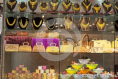 Jewellery, purses and boxes in a jewels shop Stock Photo