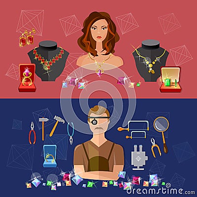 Jewelry banners sale precious stones jeweler in workplace Vector Illustration