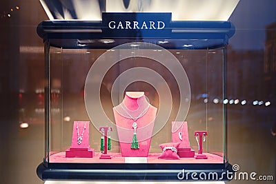 Jewelry boutique store Garrard in Moscow. Selling luxury jewelry shop. Christmas decoration Garrard store - Moscow, Russia, 24.12. Editorial Stock Photo