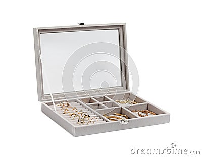 Jewelry box with many different golden accessories isolated on white Stock Photo