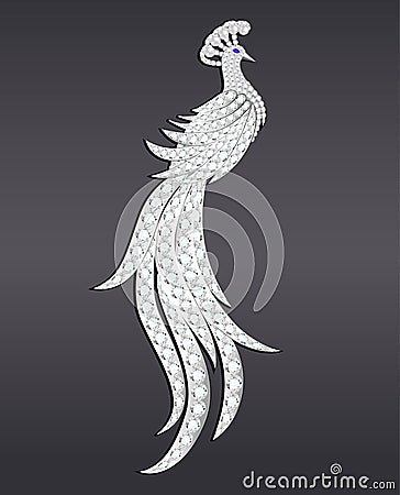 jewelry brooch peacock silver with precious stones. Vector Illustration