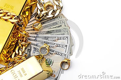 Jewelry buyer, pawn shop and buy and sell precious metals concept theme with a pile of cash in US dollars, golden rings, necklace Stock Photo