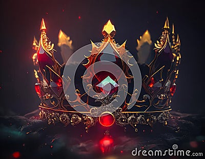 Jewelry crown made of gold and precious stones. Royal decoration on a dark background. Stock Photo