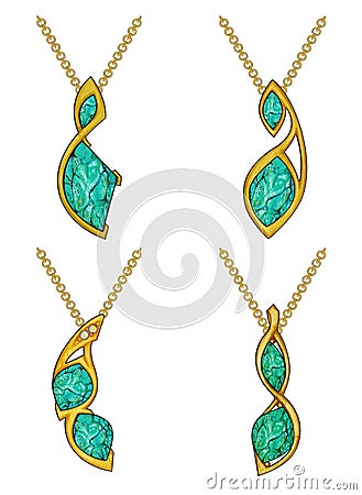 Jewelry design modern art turquoise gold pendant. Stock Photo