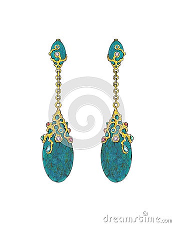 Jewelry design turquoise and gems set with gold earrings. Stock Photo