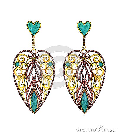 Jewelry design vintage heart set with granet and turquoise gold earrings. Stock Photo