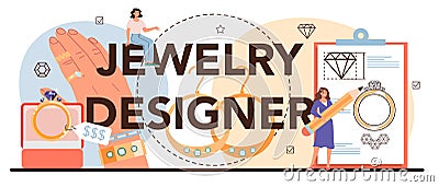 Jewelry designer typographic header. Goldsmith examining and faceting Vector Illustration