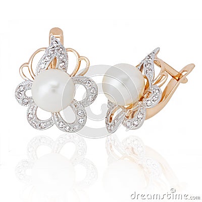 Jewelry earrings with pearl and diamonds Stock Photo